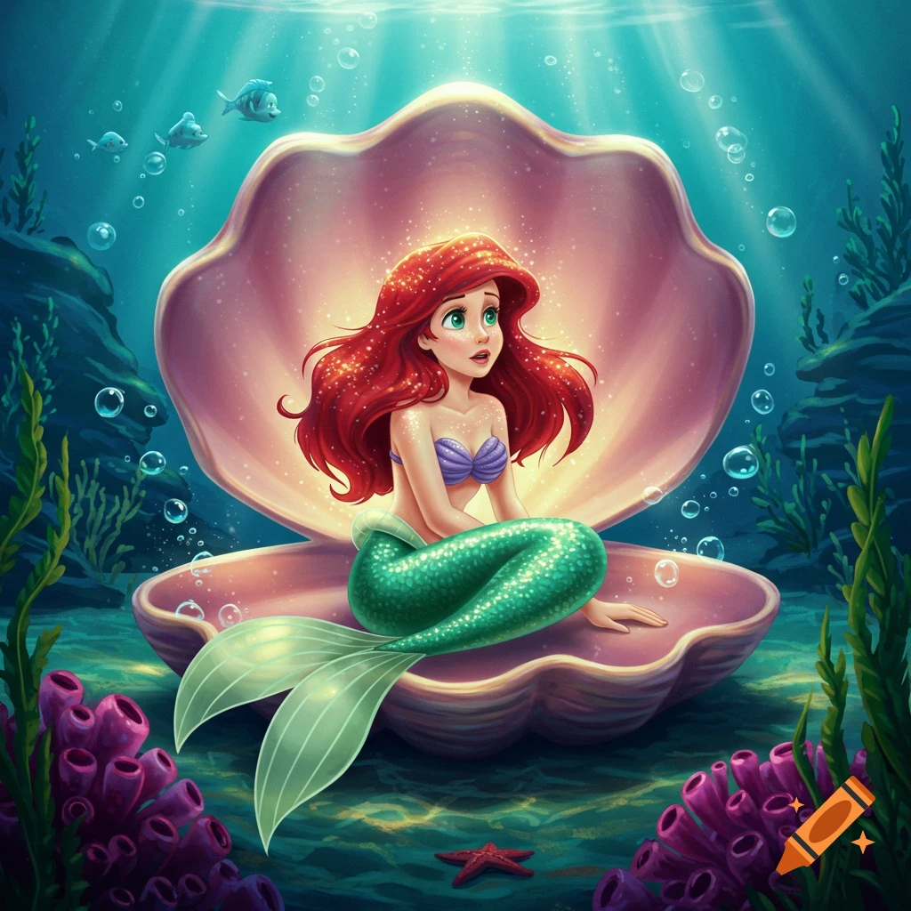 Ariel the Little Mermaid, with red hair and green tail, sits in a glowing pink clamshell underwater.