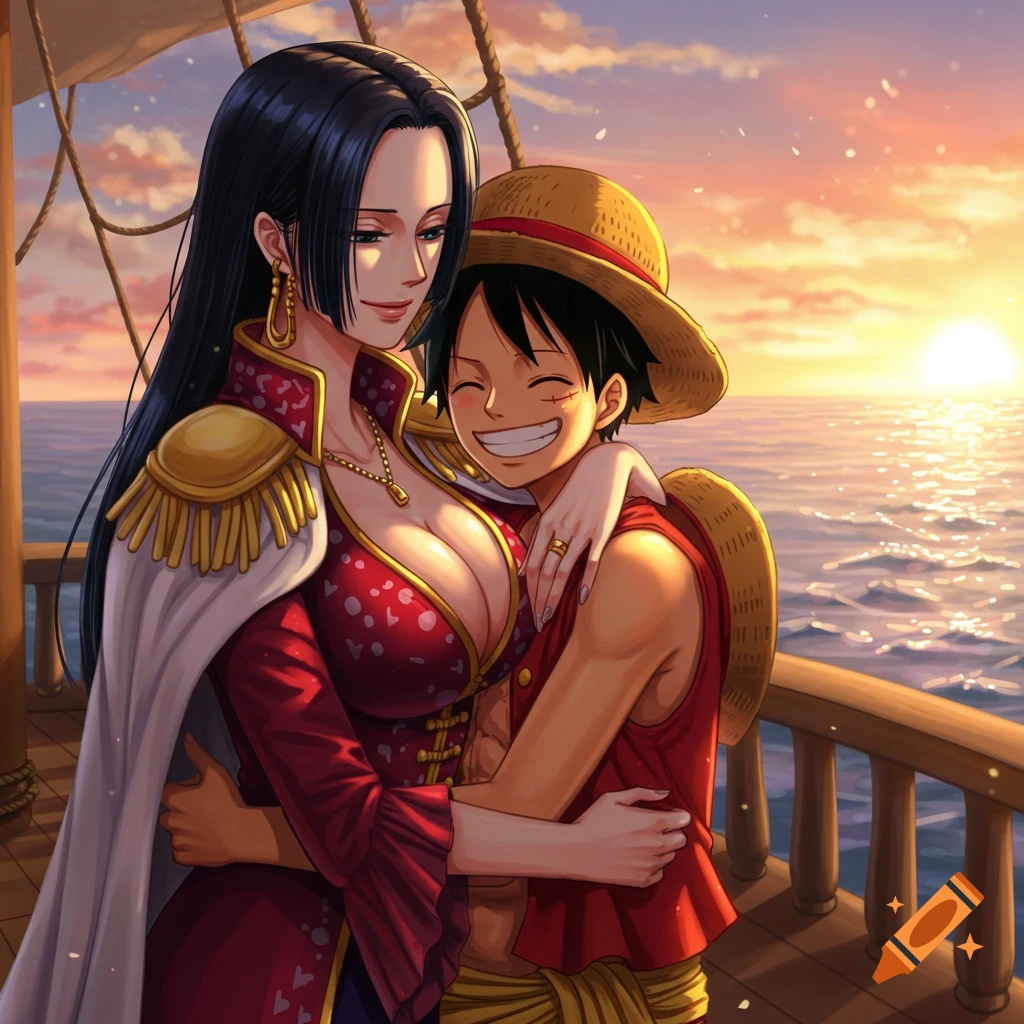 Anime illustration of Hancock hugging Luffy on a ship deck at sunset.