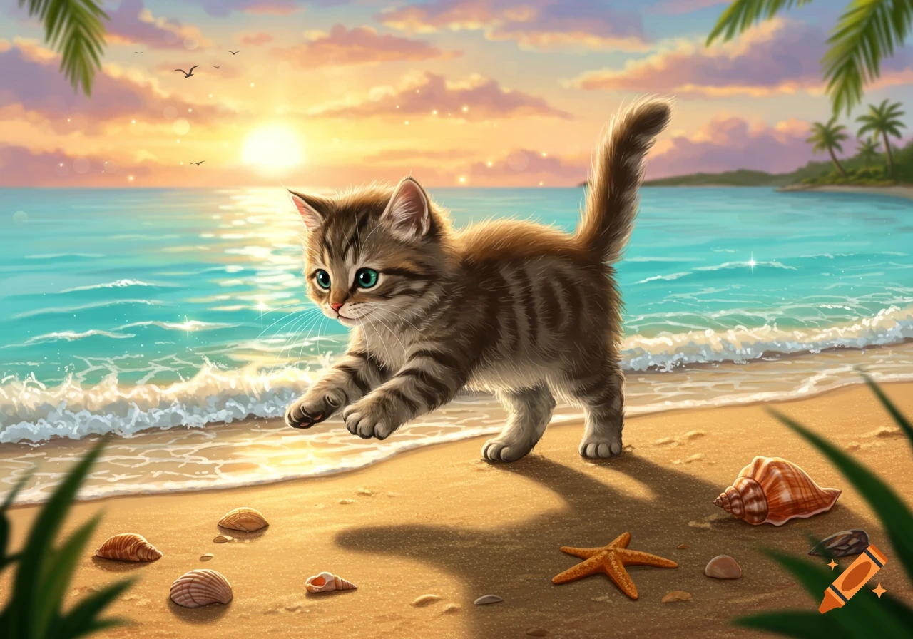 A cute tabby kitten pounces on a sandy beach by the ocean during a vibrant sunset, with seashells and palm fronds.