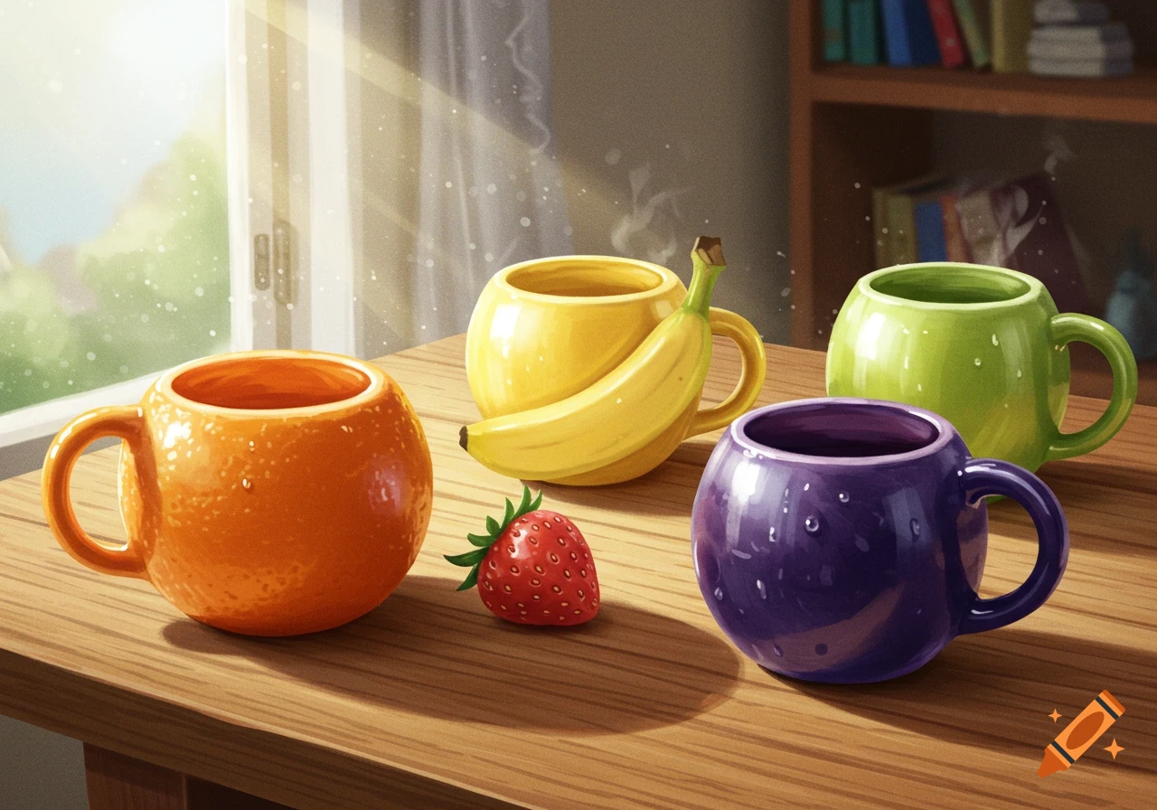 Four colorful fruit-themed mugs (orange, banana, green, purple) and a strawberry on a wooden table by a sunny window, digital art.