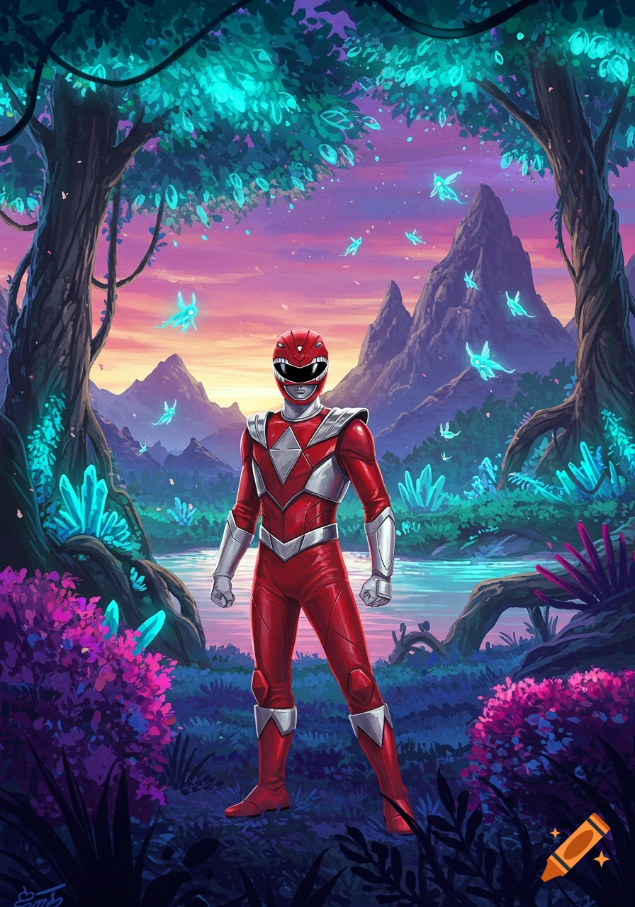 Red Power Ranger stands in a vibrant alien forest at sunset, surrounded by glowing blue plants, mountains, and floating insects.