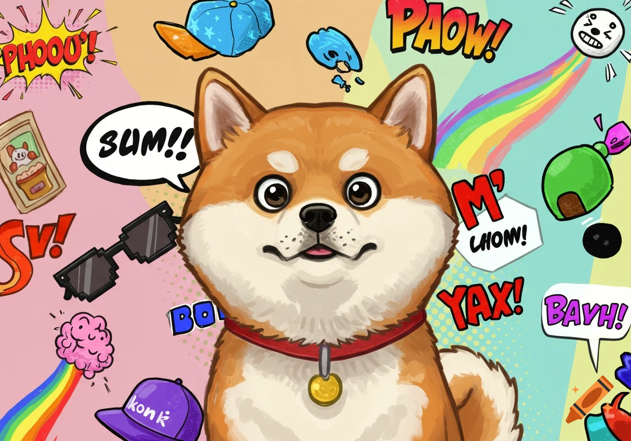 A cartoon Shiba Inu dog with a red collar and gold tag, smiling amidst a colorful pop art background with comic book sound effects and random meme-like objects.