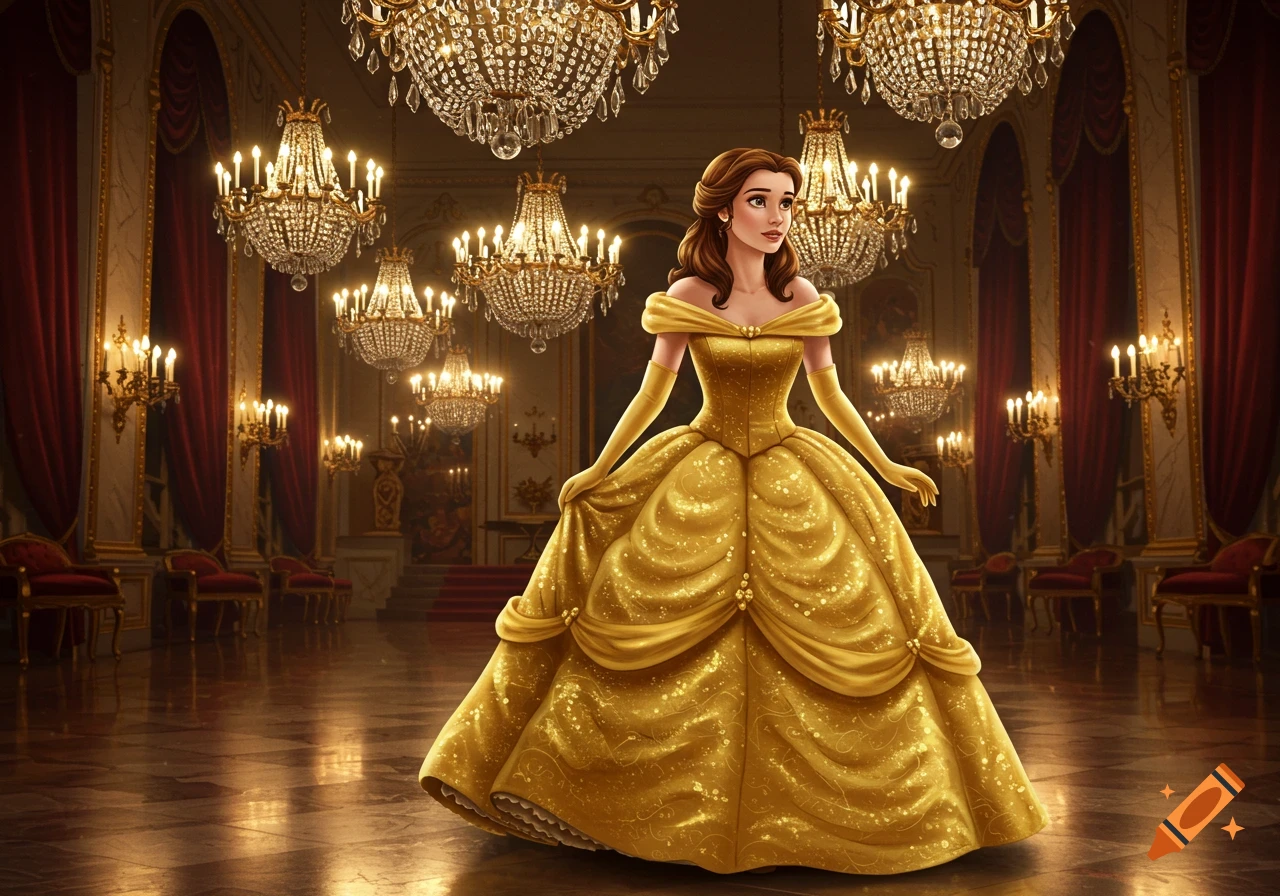 Princess Belle in a sparkling yellow ball gown stands in a grand ballroom filled with chandeliers, in an animated style.