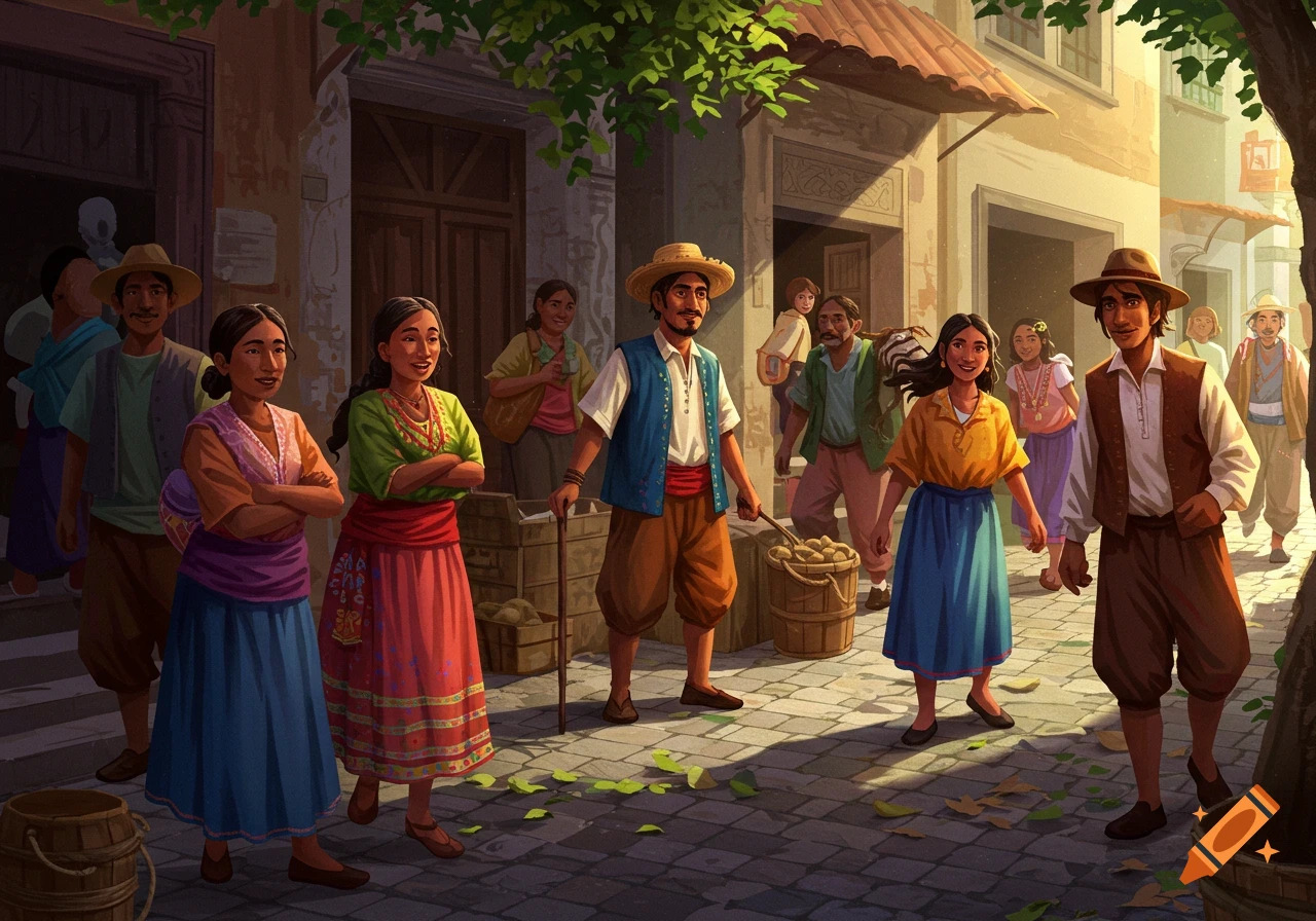An illustration of people in traditional attire gathered in a bustling market street under dappled sunlight.
