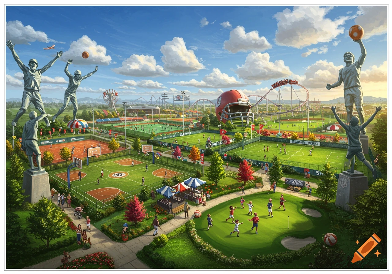 An expansive, colorful illustration of a vibrant sports theme park with multiple basketball courts, soccer fields, and a golf putting green, surrounded by large sports statues, amusement park rides including a rollercoaster, and many small people engaged in activities under a blue sky.