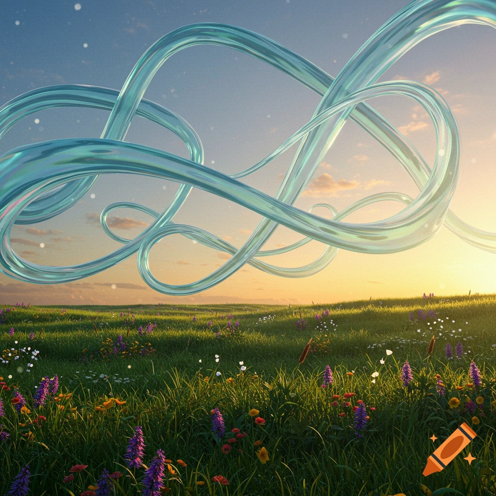 A vibrant green meadow with wildflowers under a sunset sky, featuring translucent blue looping ribbons floating above.