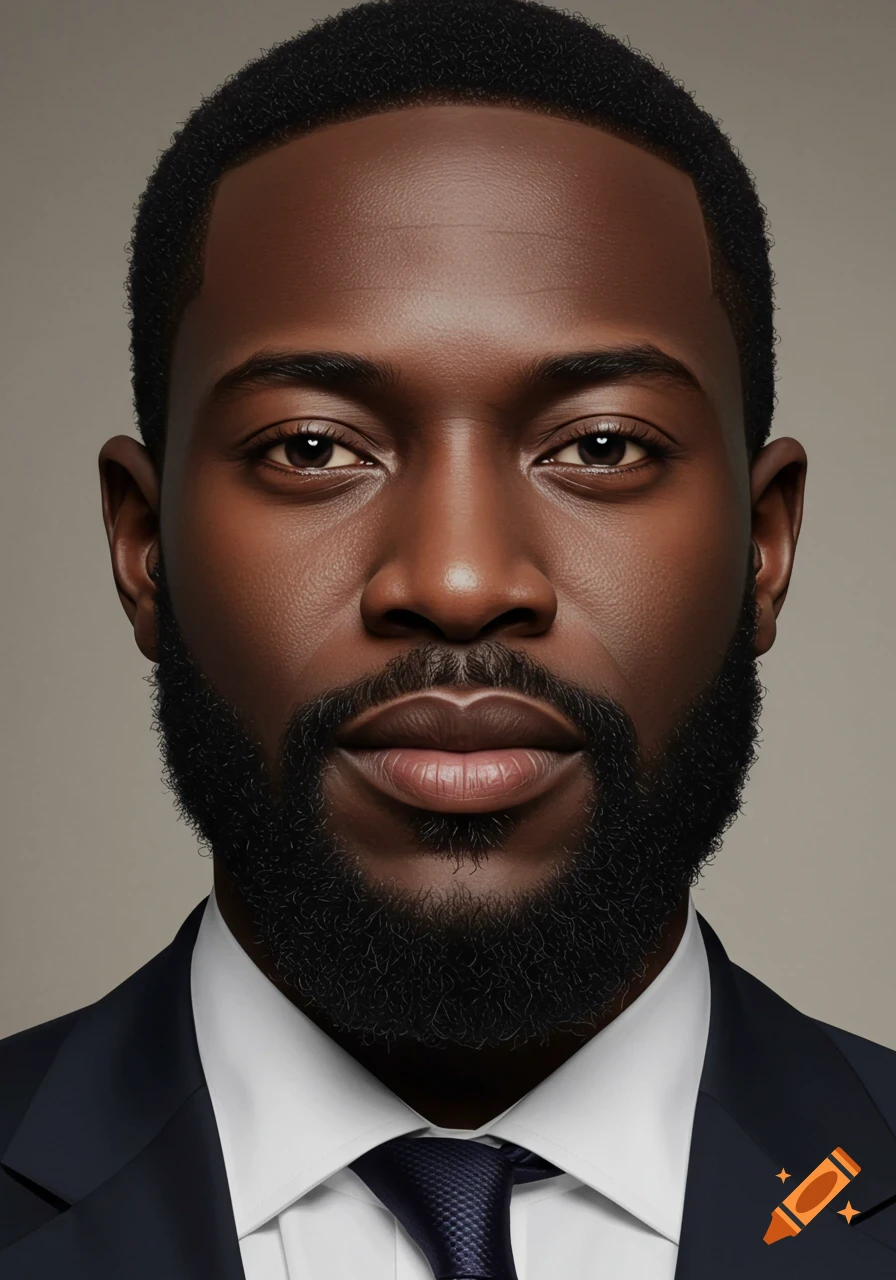 Photorealistic portrait of an elegant Black man with a beard, wearing a dark suit and tie.