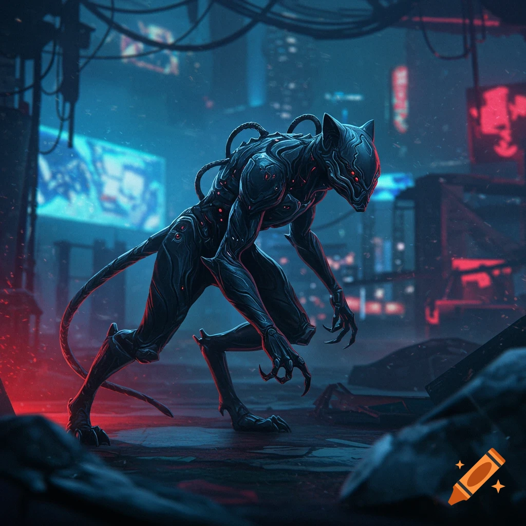 A dark, armored, cat-like creature with glowing red eyes crouches in a neon-lit cyberpunk city alley.