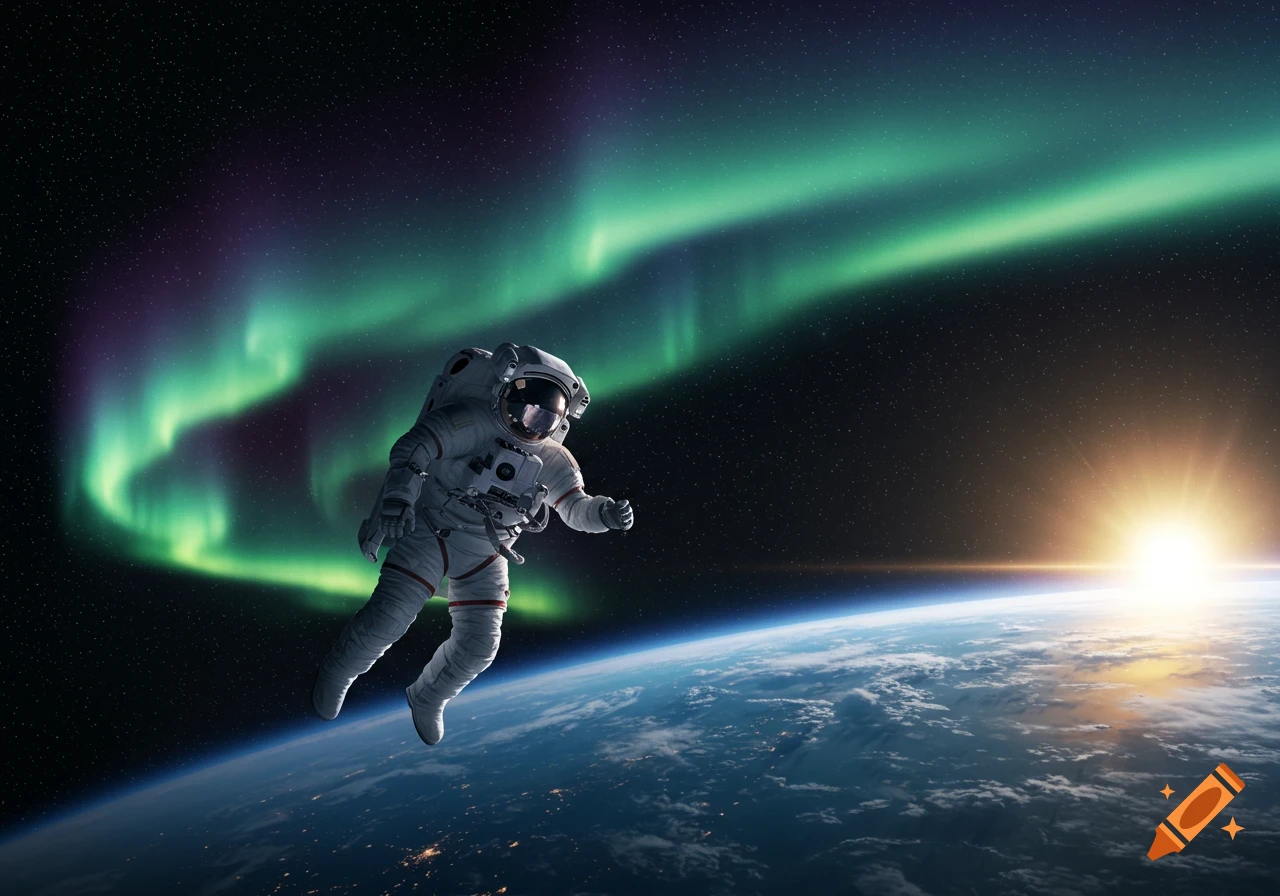 An astronaut floats in space above Earth, illuminated by a sunrise and a vibrant green aurora.