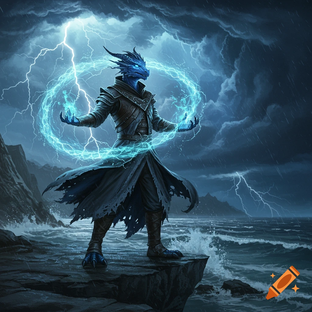 A blue dragon-headed sorcerer stands on a cliff, casting electric magic amidst a stormy sea and lightning-filled sky.