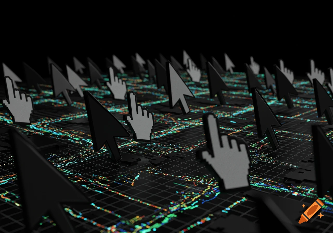 Rows of black and white computer mouse cursors and hand pointers standing on a glowing digital grid.