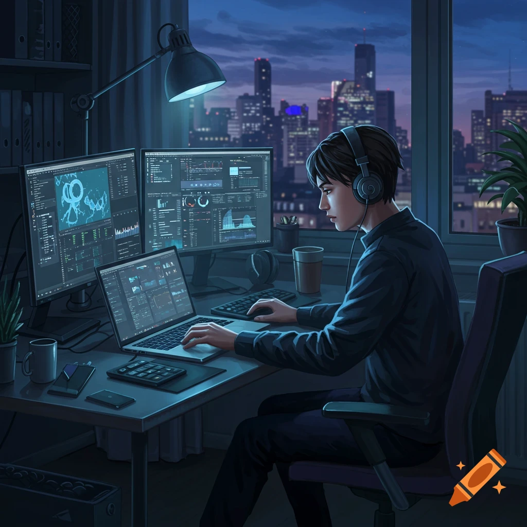 A young person with headphones works intently on a laptop and multiple monitors displaying data and code, in a dimly lit room overlooking a city skyline at night. Stylized digital art.