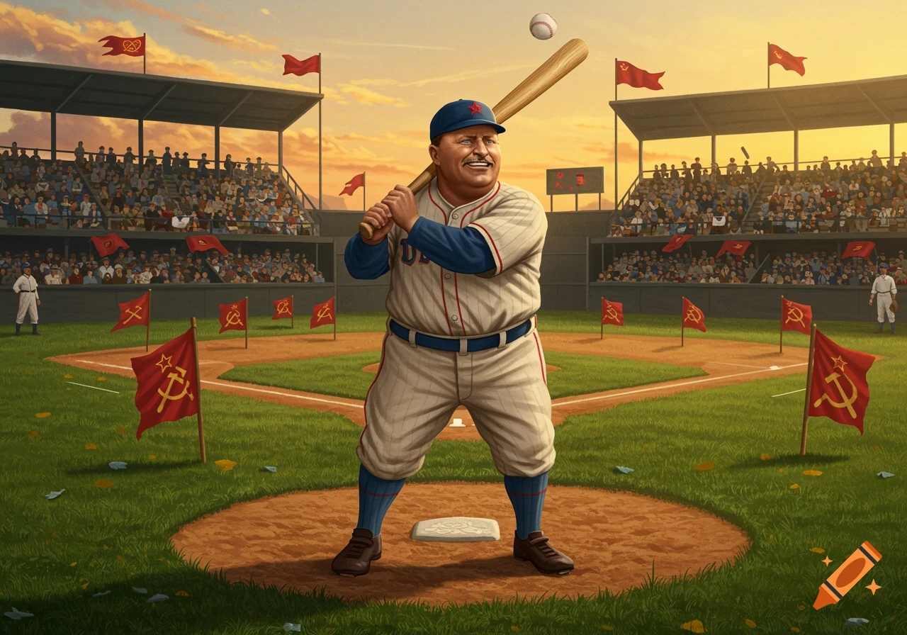 A smiling, stout man resembling Teddy Roosevelt in a baseball uniform swings a bat on a field adorned with communist flags, a stadium full of spectators behind him under a sunset sky. Illustrated in a cartoonish style.