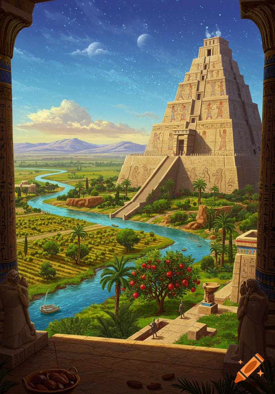 A vibrant, fantastical ancient landscape with a large ziggurat by a winding river, lush fields, and two moons in a starry sky, framed by ornate pillars.