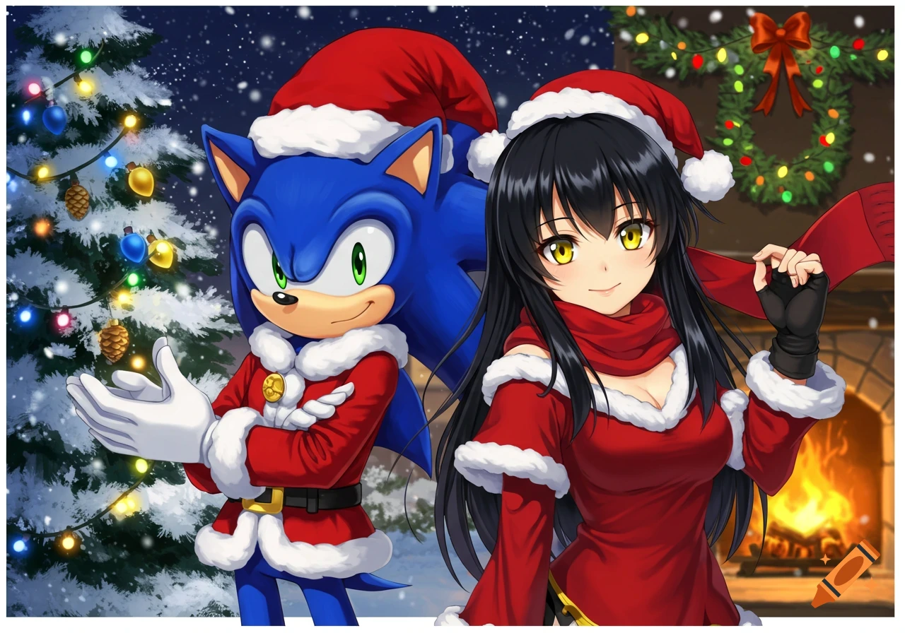 Anime style image of Sonic and a girl in Santa outfits in a snowy Christmas scene with a decorated tree and fireplace.