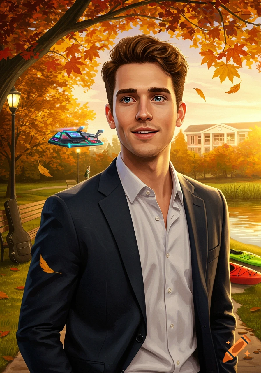 A young man in a suit stands in an autumnal park with a futuristic flying vehicle, a guitar case, and kayaks.