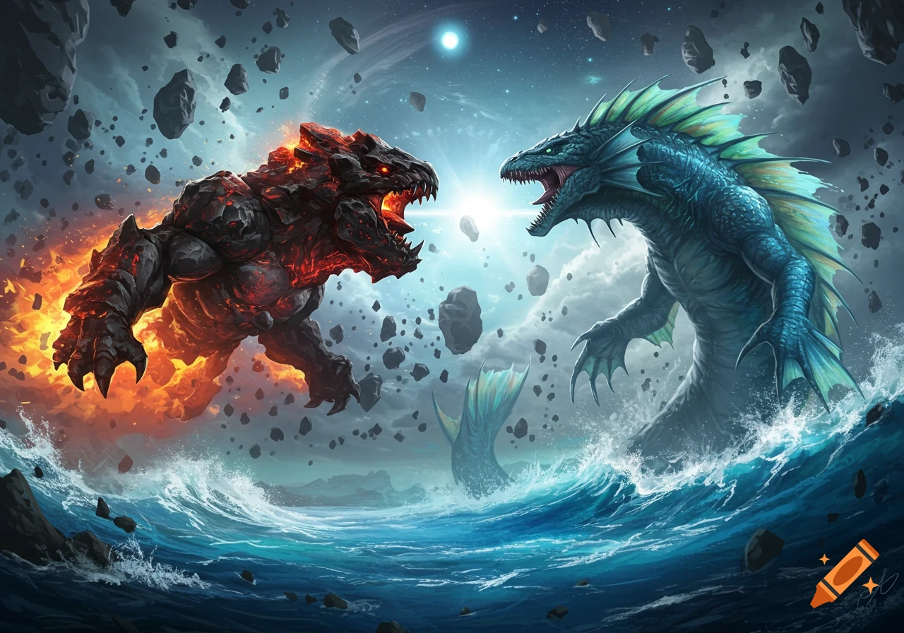 A colossal fiery rock monster battles a large blue sea dragon, surrounded by ocean waves and asteroids in a cosmic sky.