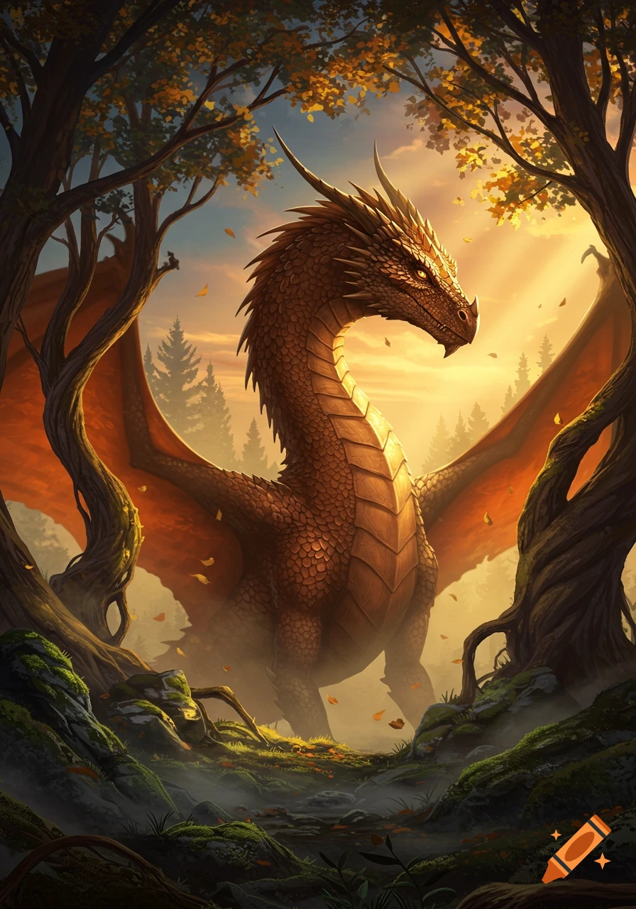 A majestic brown dragon stands in a golden-lit autumnal forest at sunset, with glowing eyes.