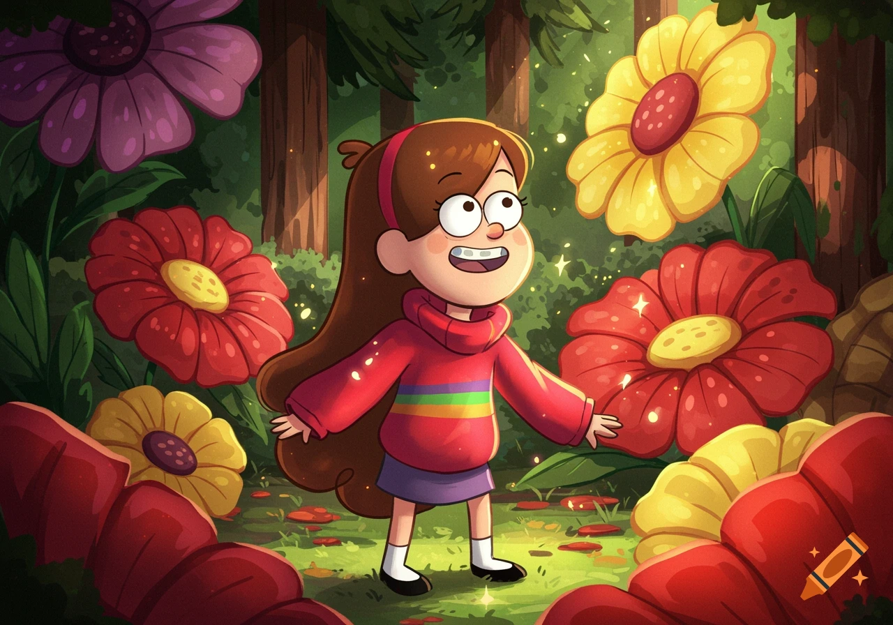 Mabel from Gravity Falls smiles in an enchanted forest filled with large, glowing red, yellow, and purple flowers.
