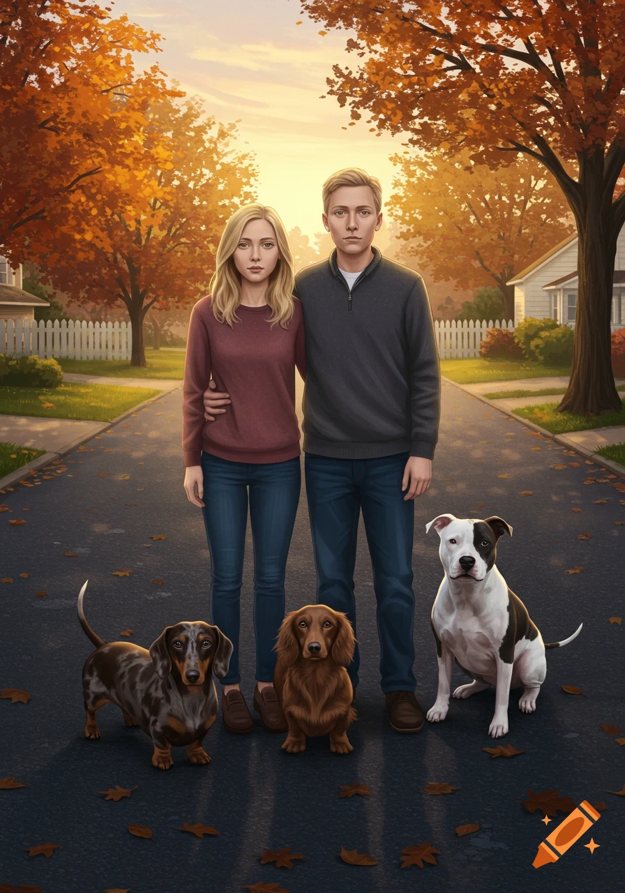 An illustration of a blonde couple with two dachshunds and a pit bull standing on an autumnal suburban street.