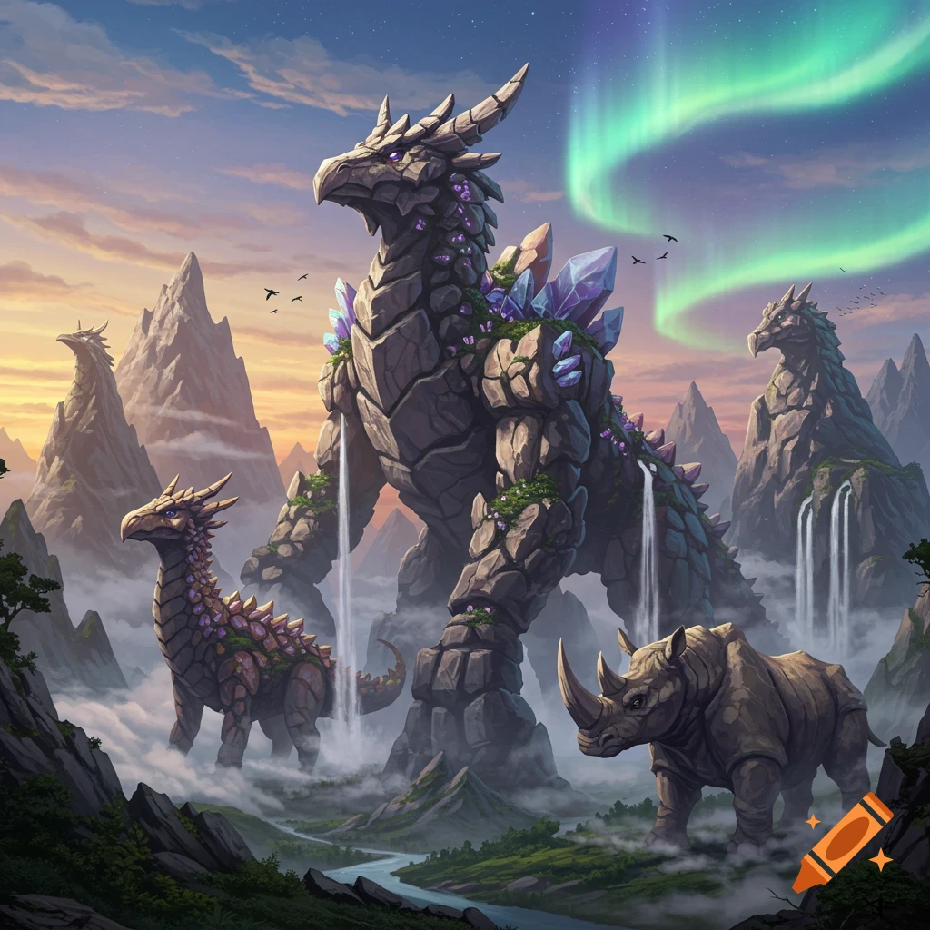 Colossal rock dragon-like creatures and a rhino stand in a misty mountainous landscape under an aurora-lit sky, with waterfalls and a river.