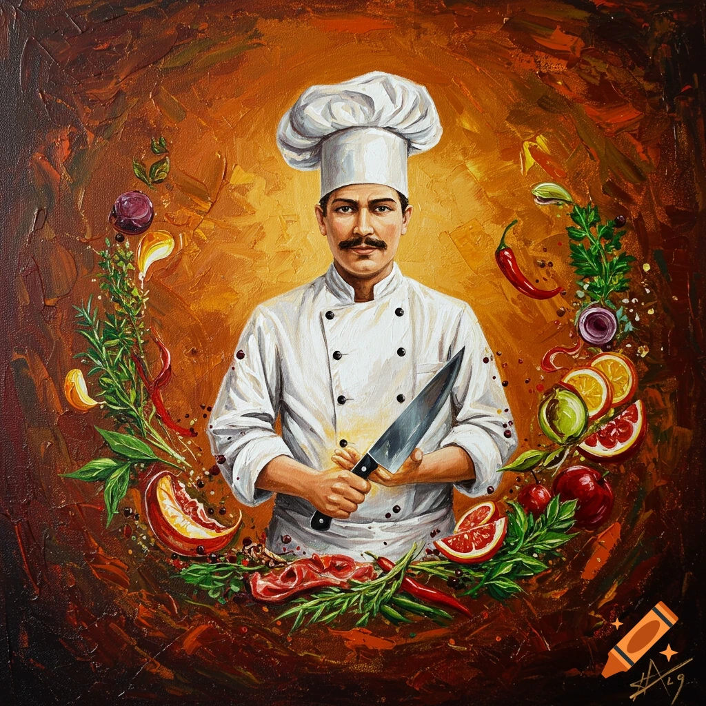 Acrylic painting of a chef in a white uniform, holding a knife, surrounded by a wreath of vibrant spices, fruits, and vegetables on an orange background.