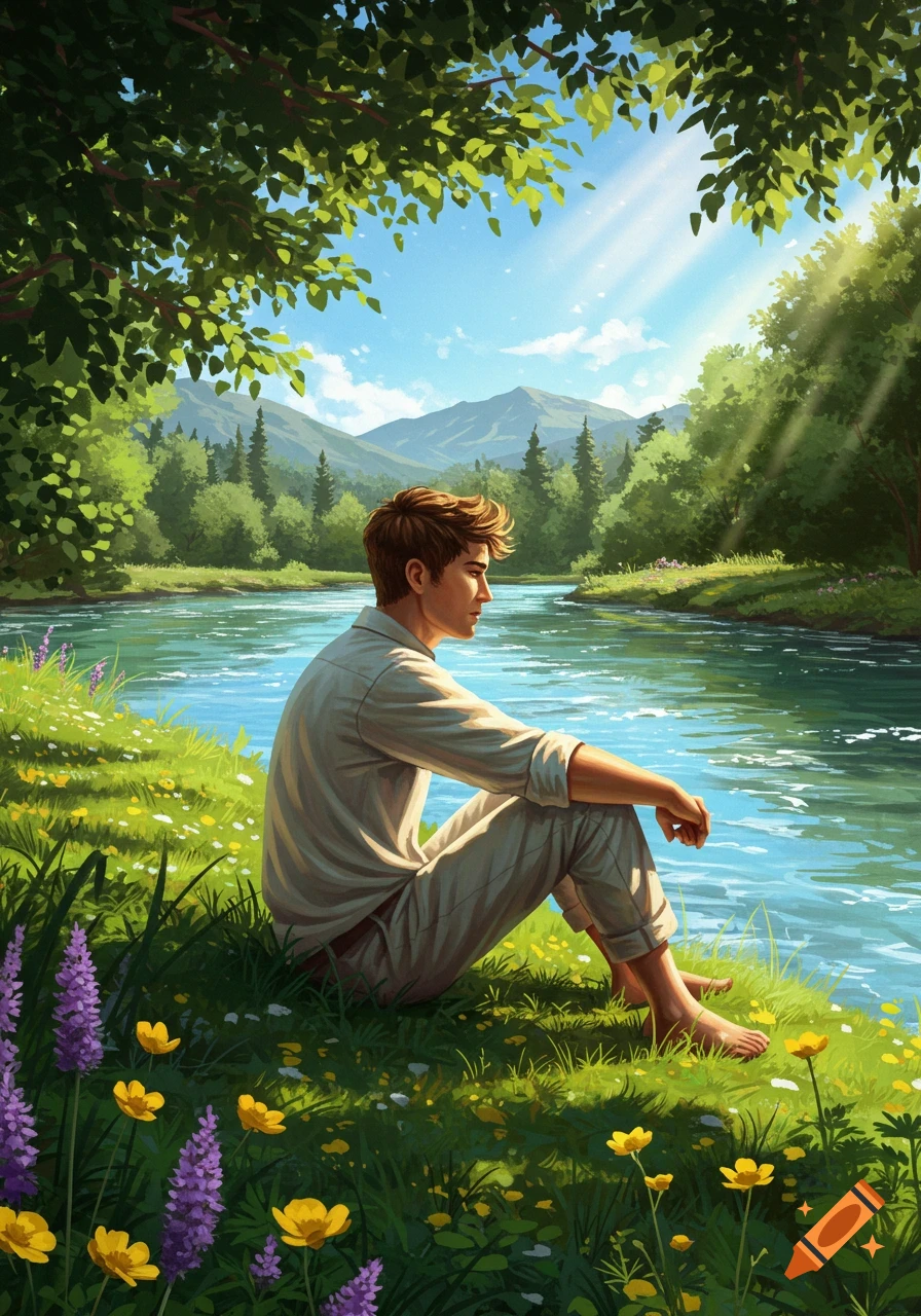 An illustrated young man sits barefoot on a grassy riverbank with purple and yellow flowers, a clear river, green trees, and distant mountains under a sunny sky.