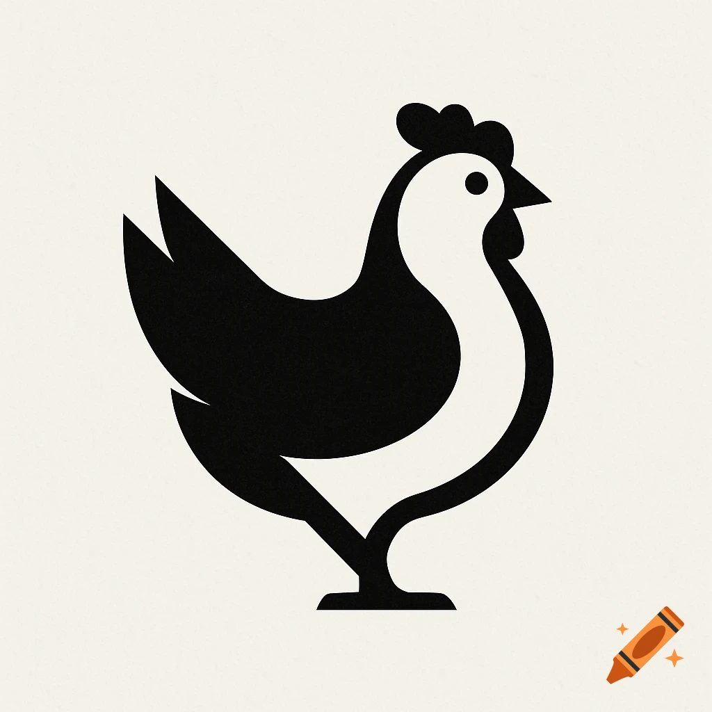 Minimalist black and white logo of a chicken in profile.