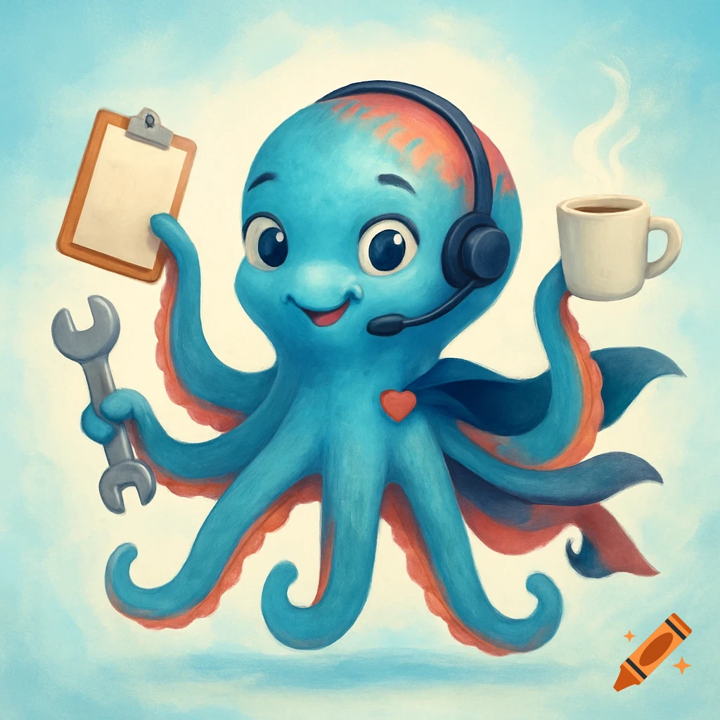 A friendly blue cartoon octopus with coral accents wears a headset, holding a clipboard, wrench, and coffee mug, with a heart pin and cape.