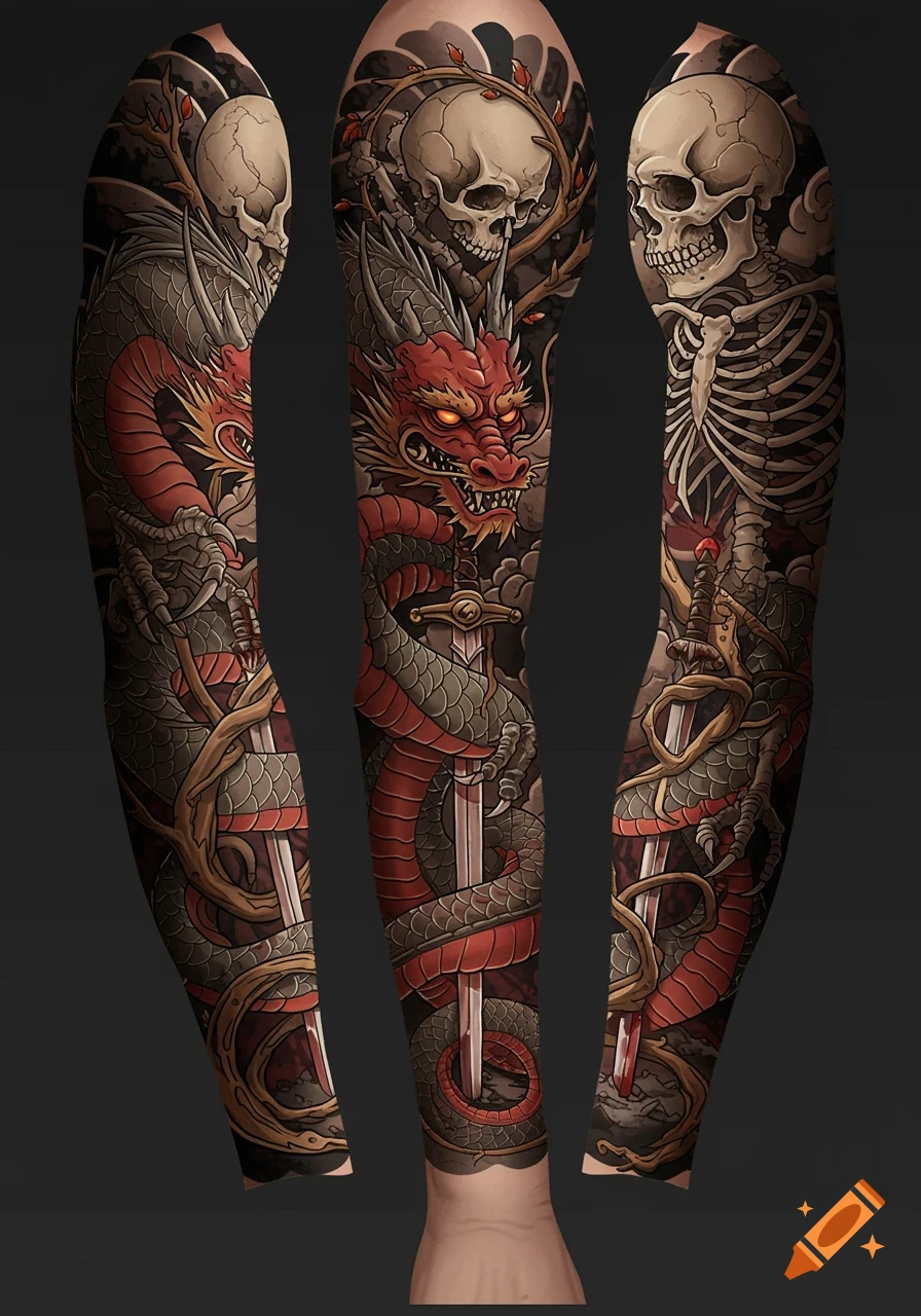 Full arm sleeve tattoo design featuring a red dragon, skulls, skeletons, swords, and intertwined vines in a dark fantasy style.
