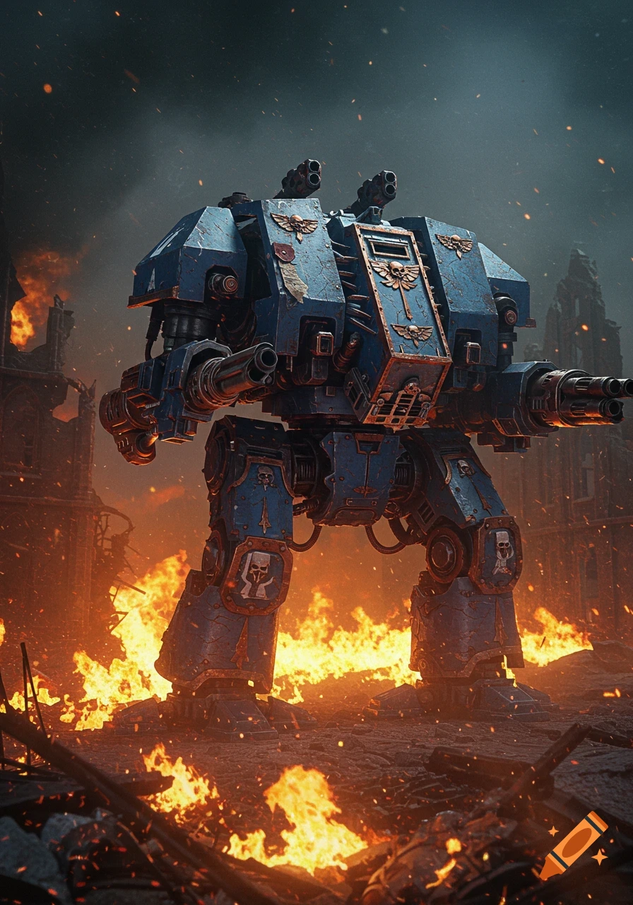 A massive blue Warhammer 40k Redemptor Dreadnought stands amidst burning ruins, illuminated by the orange glow of fire.