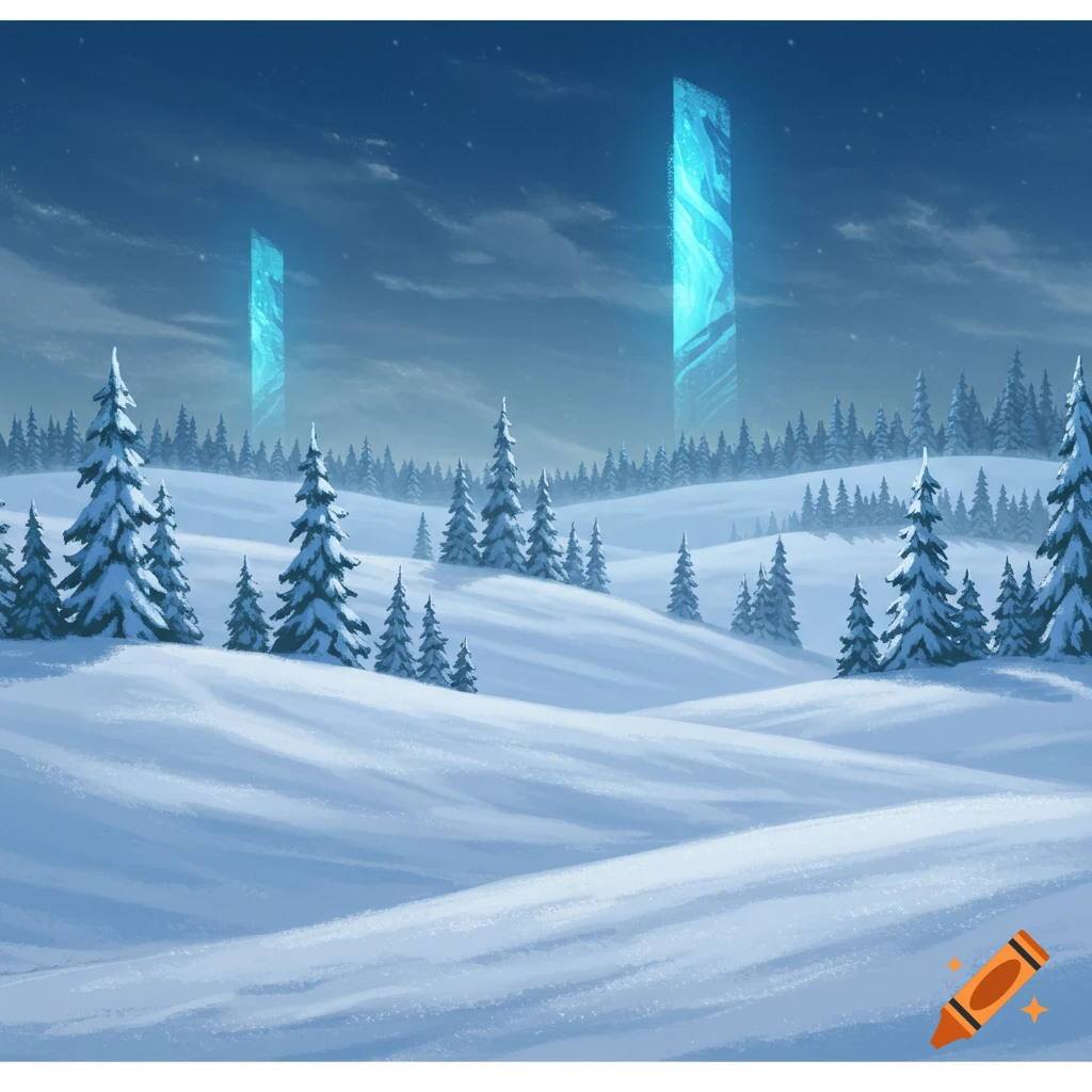 A snowy landscape with pine trees, rolling hills, and two glowing blue spires under a dark sky.