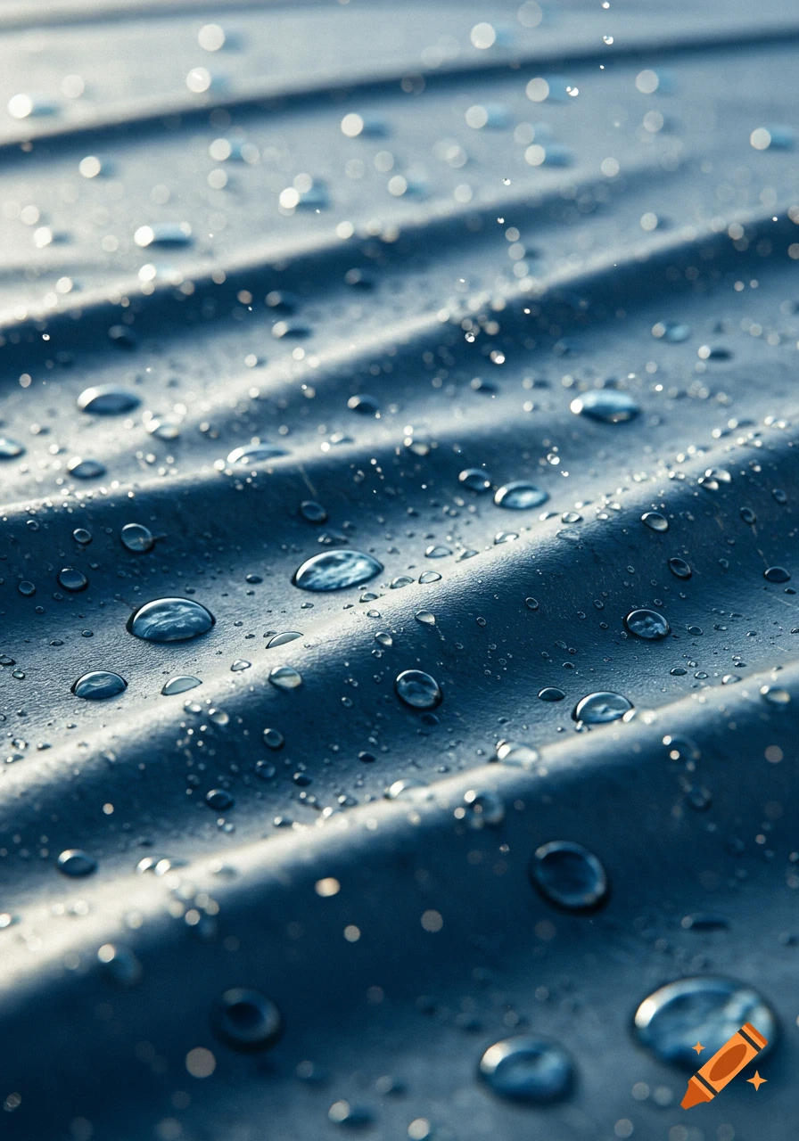 Close-up of numerous clear water droplets glistening on a wavy, dark blue, waterproof surface with a bokeh background.