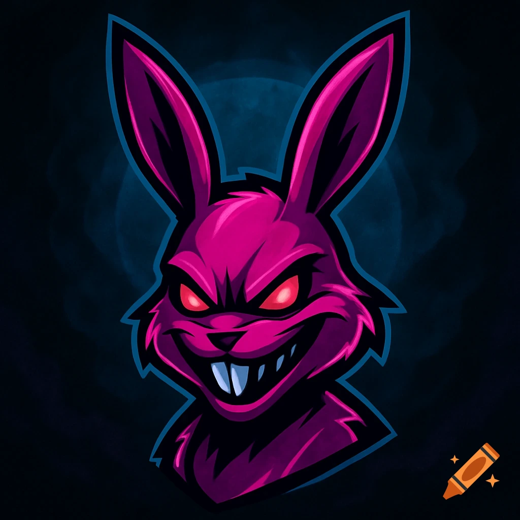 Stylized pink evil bunny head with glowing red eyes and sharp teeth, suitable for a gaming logo.