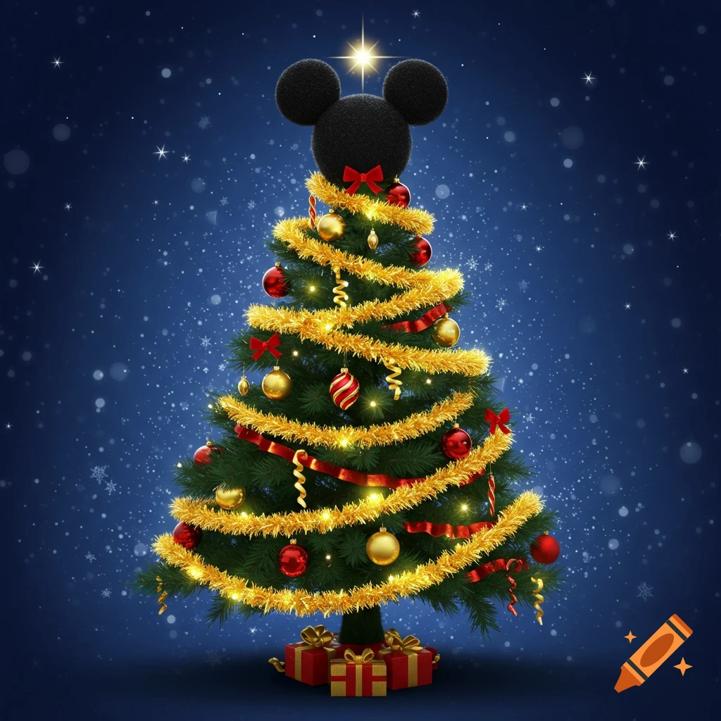 A festive Christmas tree with Mickey Mouse ears as the topper, decorated with gold garland, red ornaments, and presents, on a starry blue background.