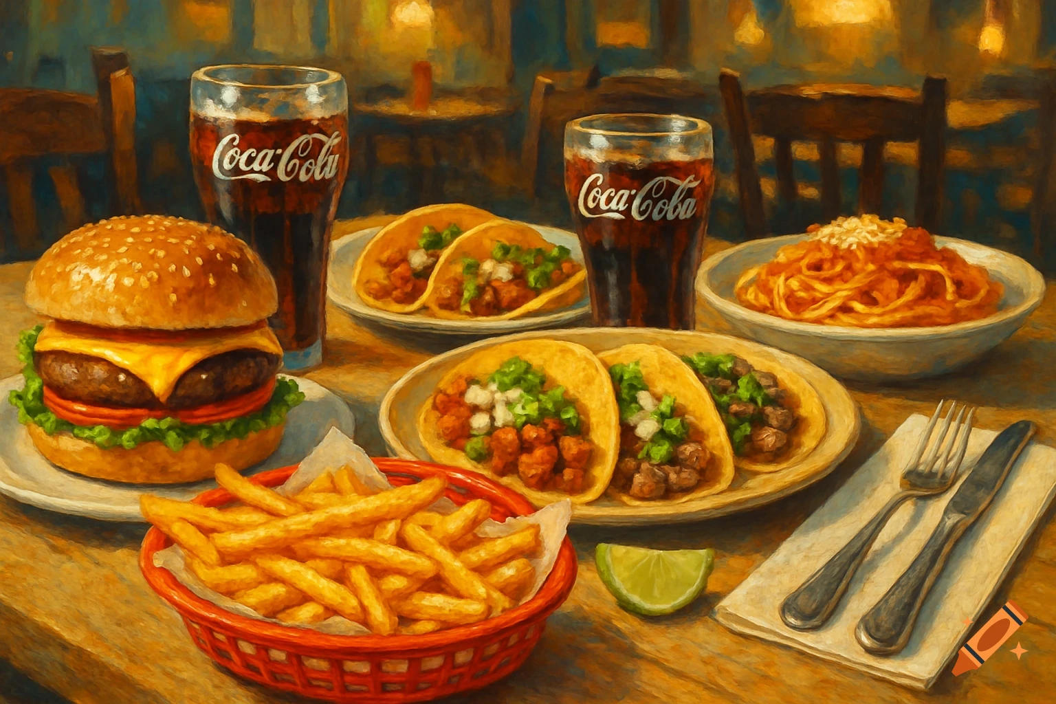 A painterly still life of a restaurant table filled with a hamburger, french fries, tacos, spaghetti, and two Coca-Cola drinks.