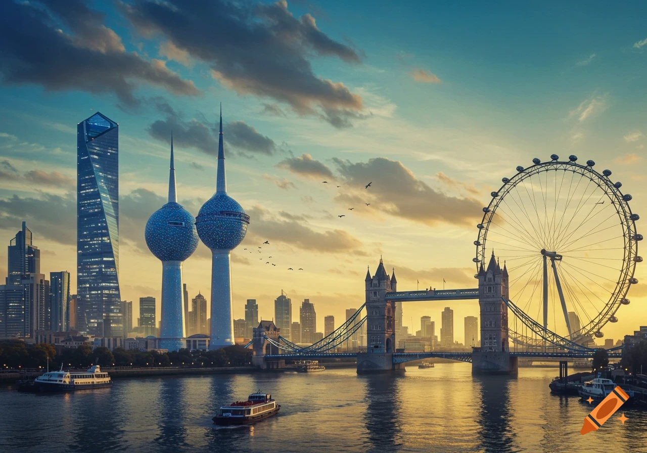 Photorealistic composite cityscape with Kuwait Towers, Tower Bridge, and London Eye by a river at sunset.