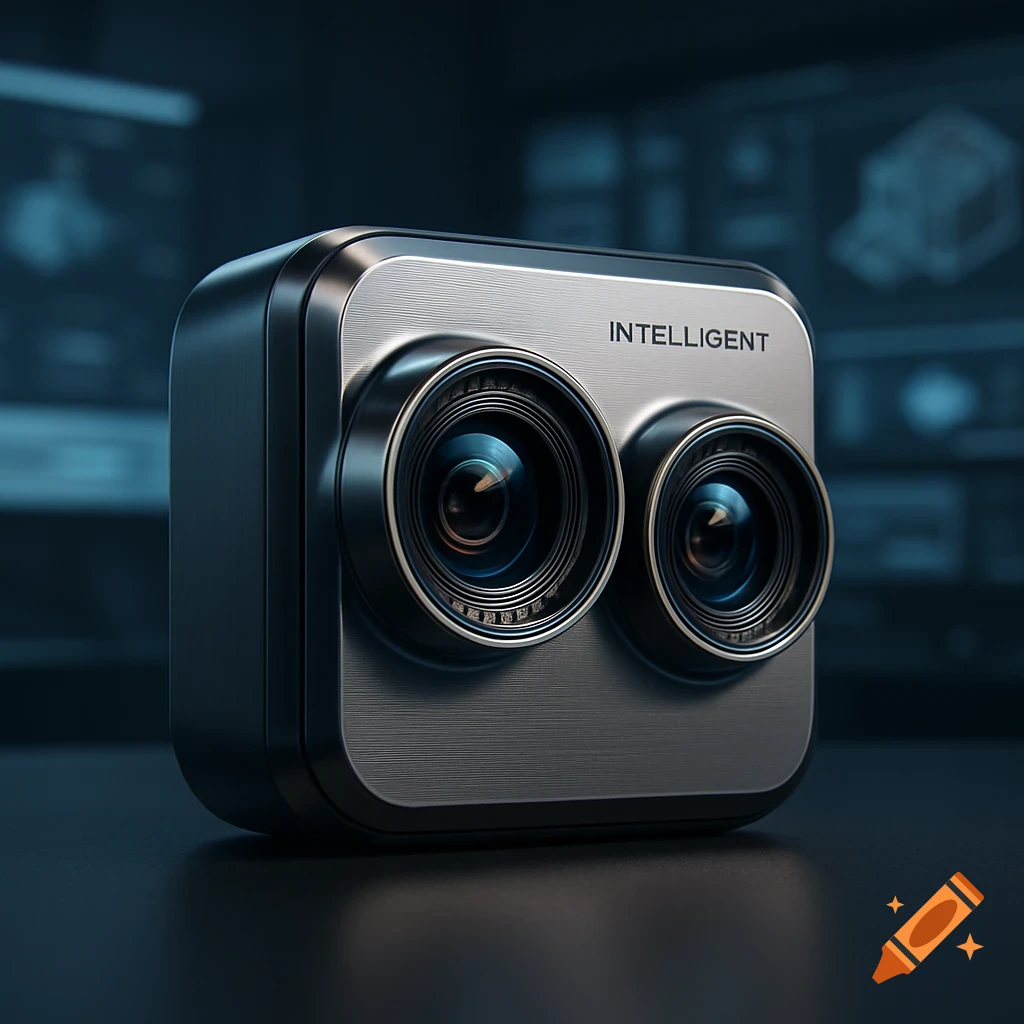 A close-up, photorealistic shot of a sleek, dark gray and brushed metal dual-lens camera with 'INTELLIGENT' inscribed on its front.