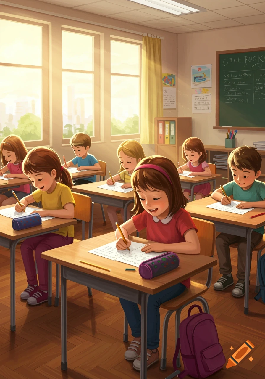 An illustration of several young students in a sunny classroom, sitting at desks and writing on papers.