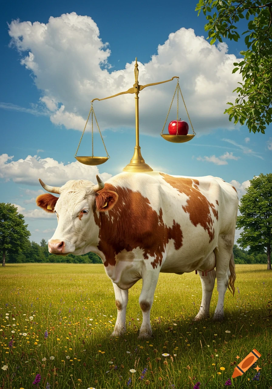 Photorealistic brown and white cow in a green field with a golden balance scale on its back, a red apple in one pan.