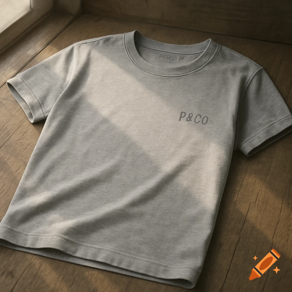 A light grey t-shirt with the logo "P&CO" on the chest, lying flat on a wooden floor bathed in sunlight.