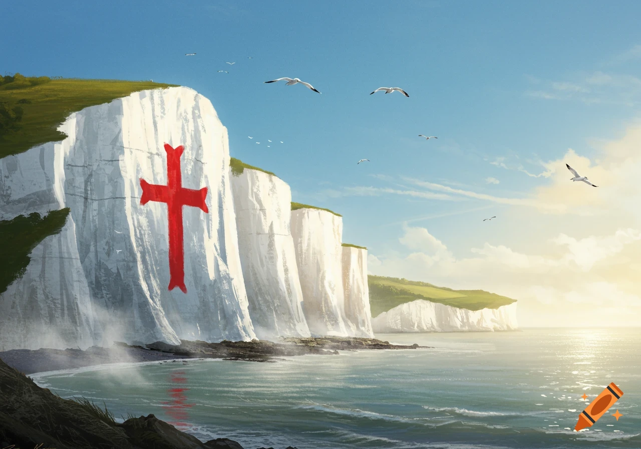 Illustration of the white cliffs of Dover with a large red St. George's cross, overlooking a calm sea under a blue sky.