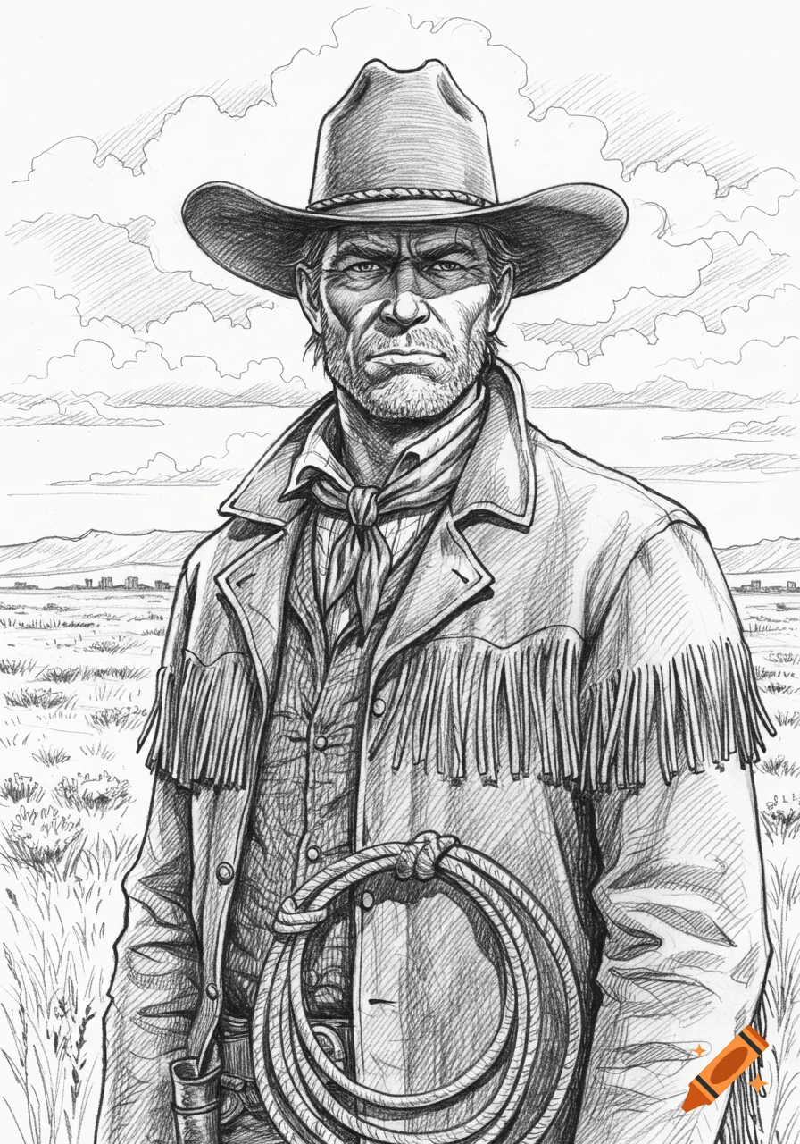 Pencil sketch of a rugged cowboy in a hat and fringed jacket holding a rope, standing in a field under a cloudy sky.