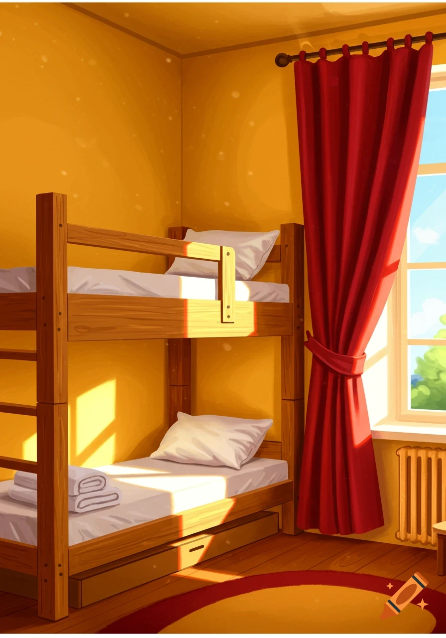 A brightly lit children's room with yellow walls, a wooden bunk bed with white sheets, and a window with red curtains.