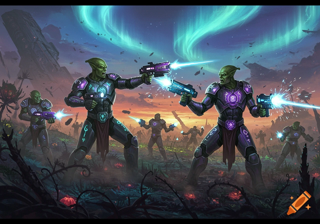Green-skinned aliens in futuristic armor fight on an alien planet with laser guns under an aurora-lit sky, digital painting.