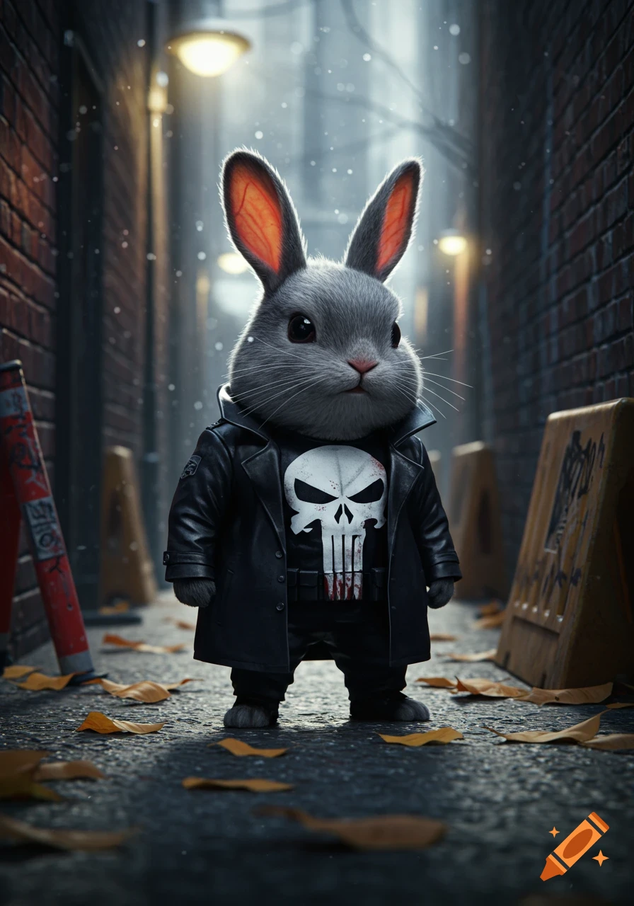 Photorealistic grey bunny dressed as The Punisher in a black trench coat and skull shirt, standing in a dark, wet alleyway with snow.