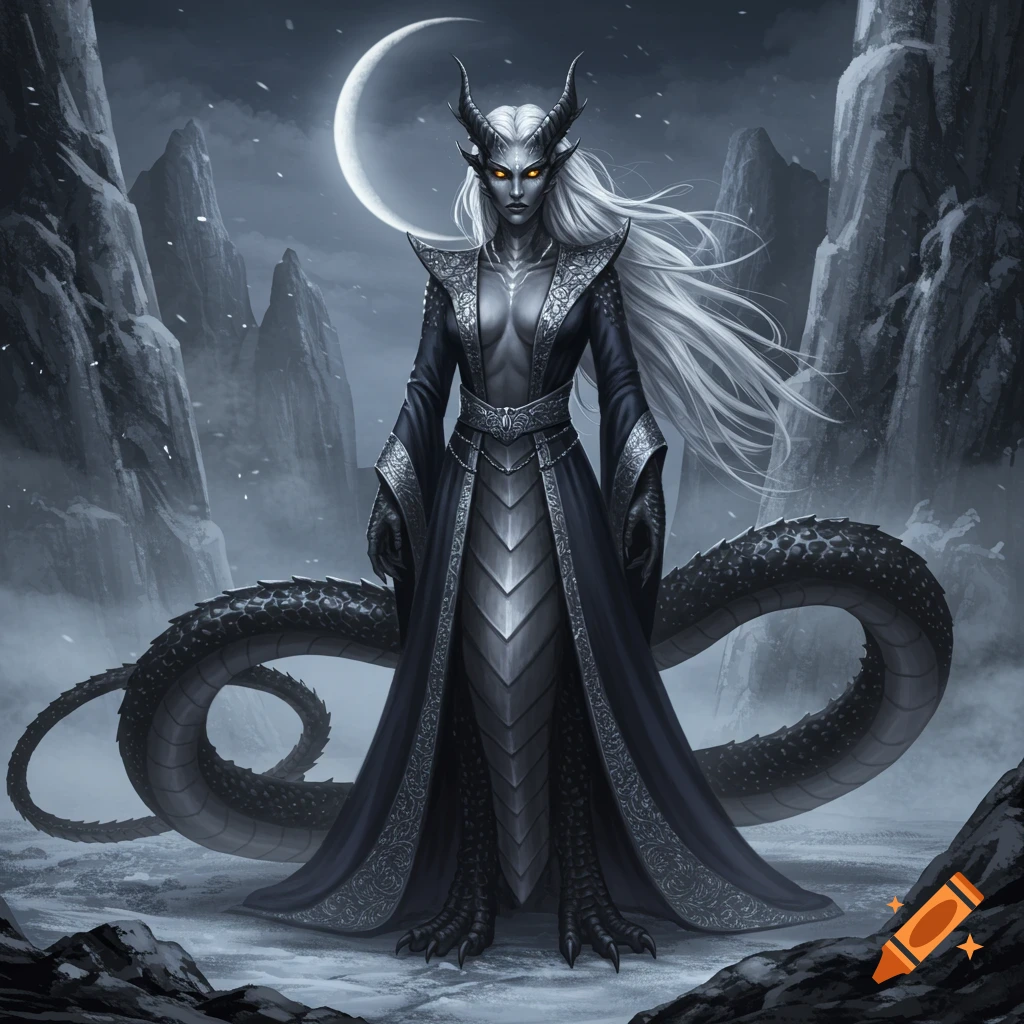 A powerful horned half-dragon woman with white hair and glowing eyes stands under a crescent moon in a snowy, mountainous dark fantasy landscape.