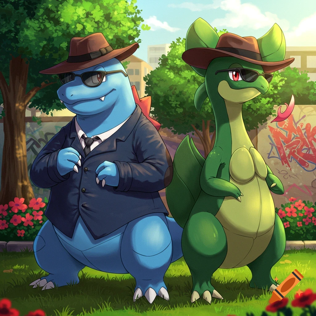 A blue Feraligatr and a green Meganium wearing fedoras, sunglasses, and suits stand in a park with graffiti.