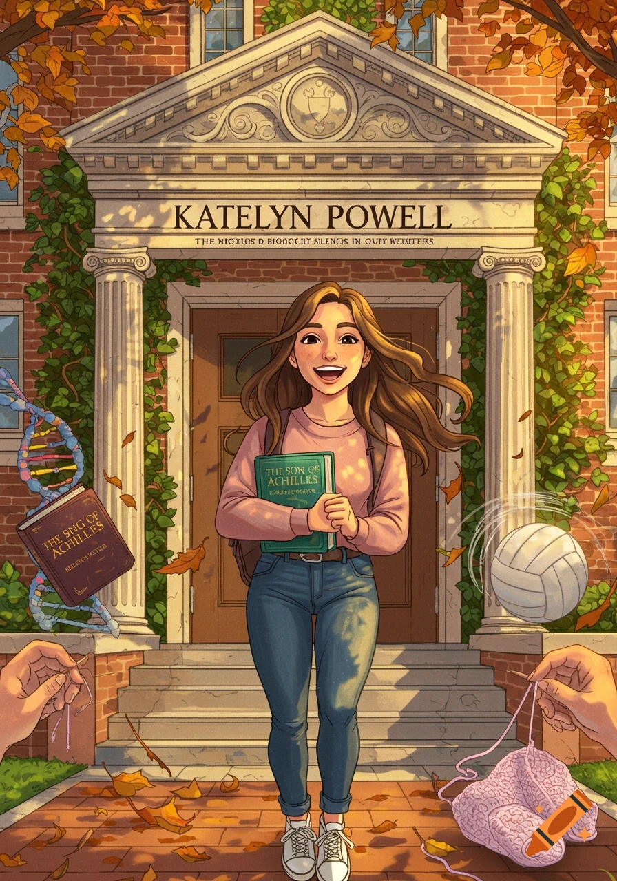 An excited female college student stands in front of a brick academic building with columns, holding a book, with autumn leaves falling. A volleyball, DNA strand, and crochet project are visible around her.