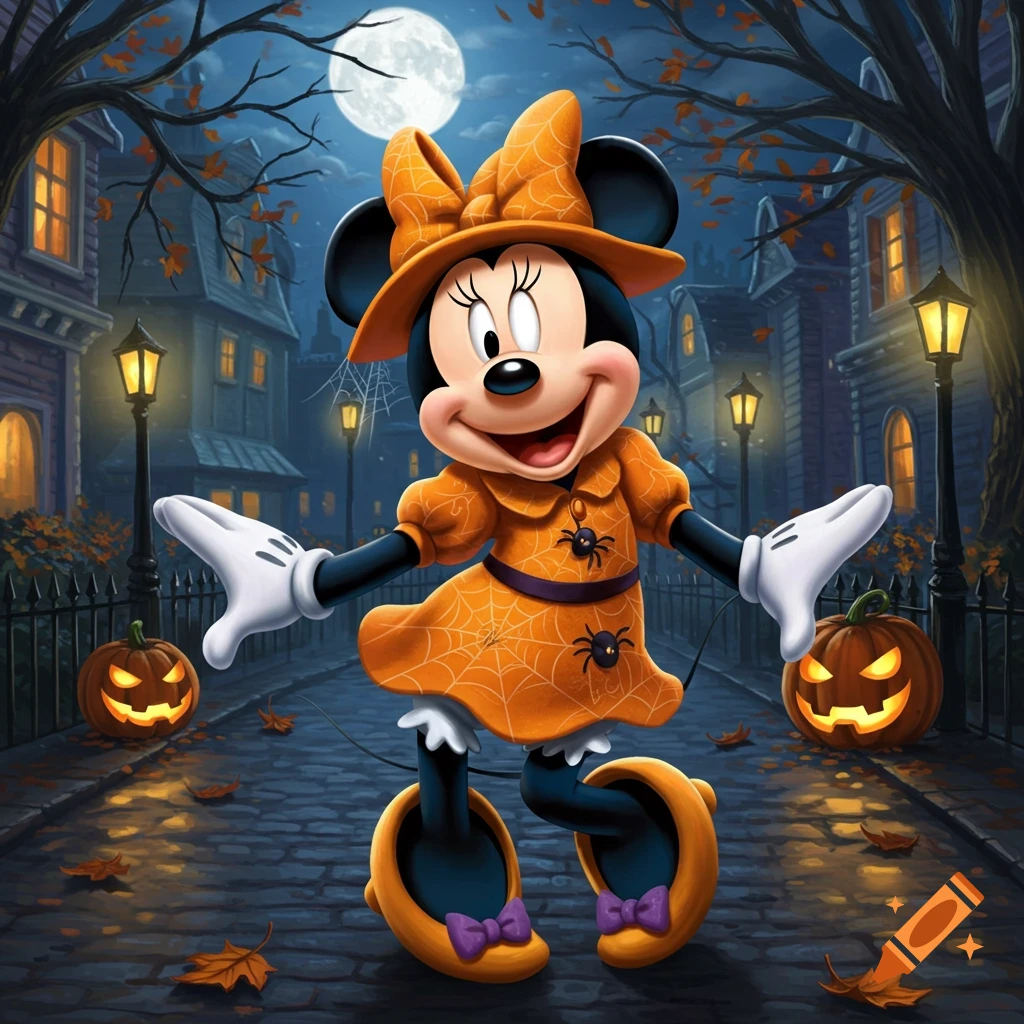Minnie Mouse in an orange spiderweb Halloween costume on a spooky street with jack-o'-lanterns under a full moon.